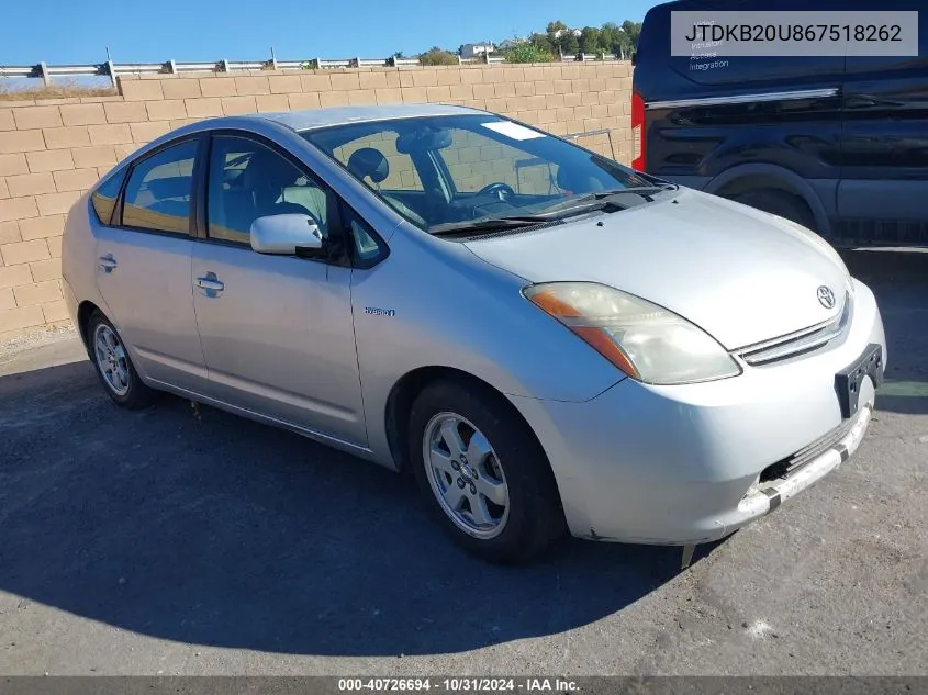 2006 Toyota Prius VIN: JTDKB20U867518262 Lot: 40726694