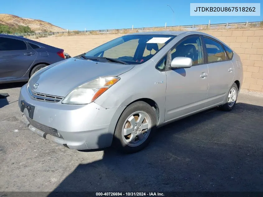 2006 Toyota Prius VIN: JTDKB20U867518262 Lot: 40726694