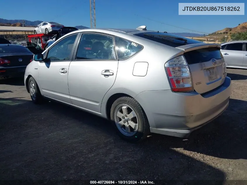 2006 Toyota Prius VIN: JTDKB20U867518262 Lot: 40726694