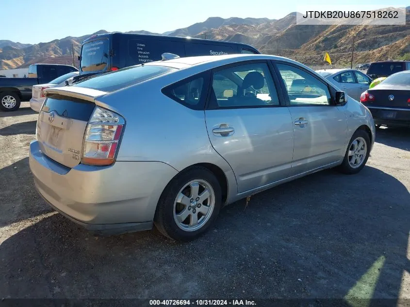 2006 Toyota Prius VIN: JTDKB20U867518262 Lot: 40726694