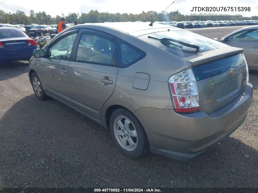 2006 Toyota Prius VIN: JTDKB20U767515398 Lot: 40778882