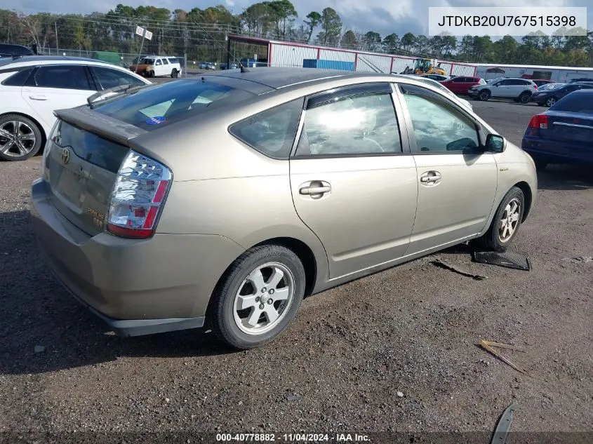 2006 Toyota Prius VIN: JTDKB20U767515398 Lot: 40778882