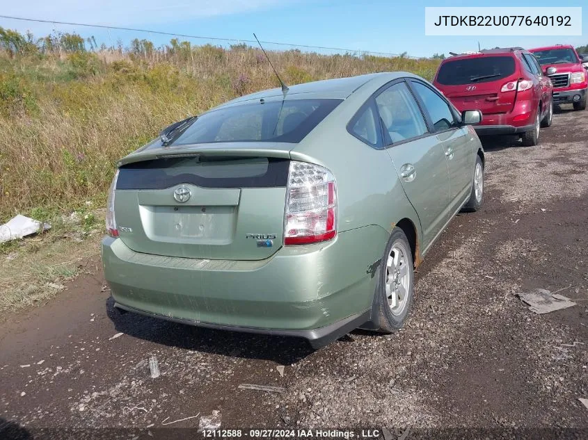 2007 Toyota Prius VIN: JTDKB22U077640192 Lot: 12112588