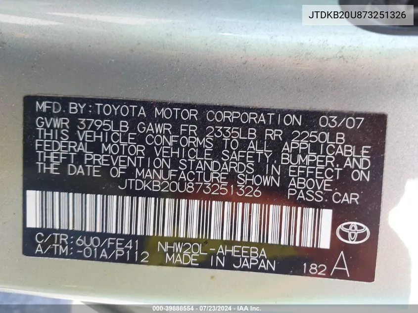 2007 Toyota Prius VIN: JTDKB20U873251326 Lot: 39888554