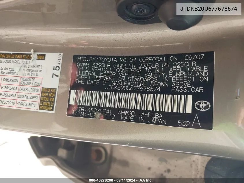 JTDKB20U677678674 2007 Toyota Prius