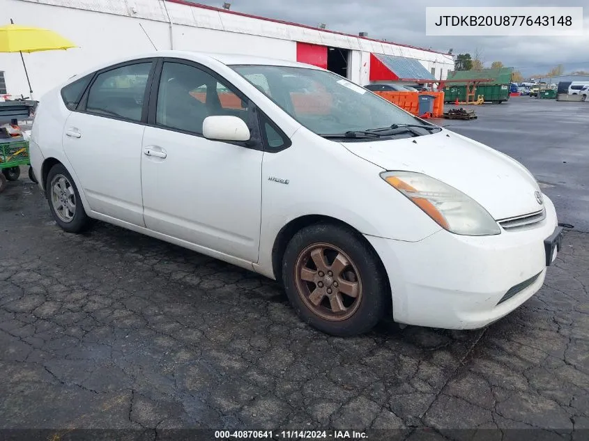 2007 Toyota Prius VIN: JTDKB20U877643148 Lot: 40870641