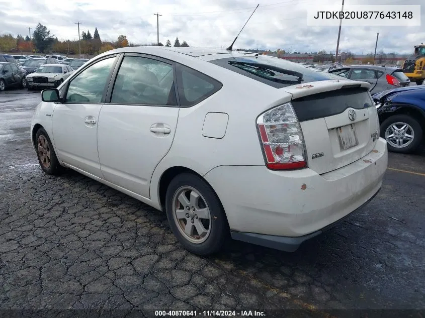 2007 Toyota Prius VIN: JTDKB20U877643148 Lot: 40870641