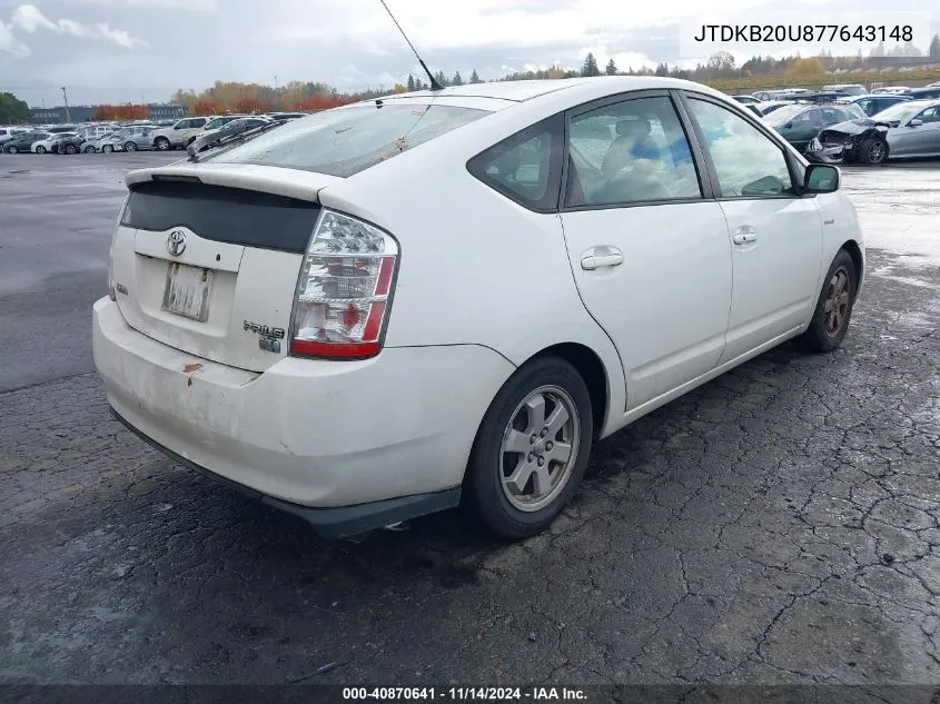 2007 Toyota Prius VIN: JTDKB20U877643148 Lot: 40870641