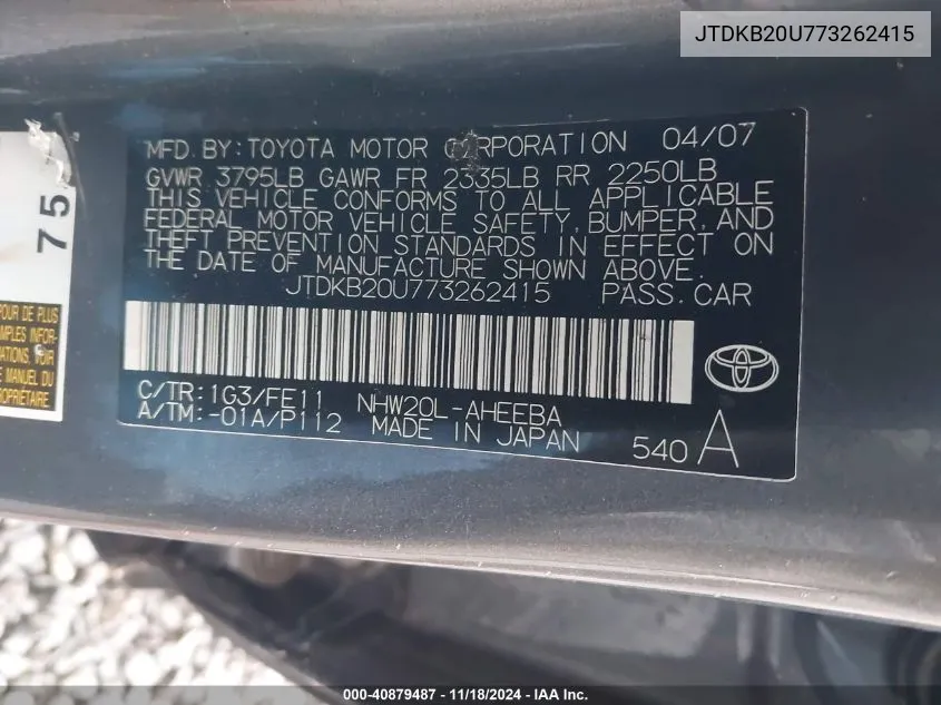 2007 Toyota Prius VIN: JTDKB20U773262415 Lot: 40879487