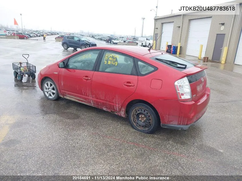 2008 Toyota Prius VIN: JTDKB20U487783618 Lot: 20184691