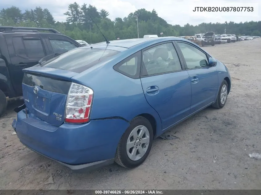 2008 Toyota Prius VIN: JTDKB20U087807753 Lot: 39746626