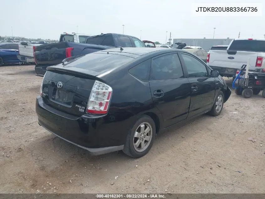 2008 Toyota Prius Standard VIN: JTDKB20U883366736 Lot: 40162301