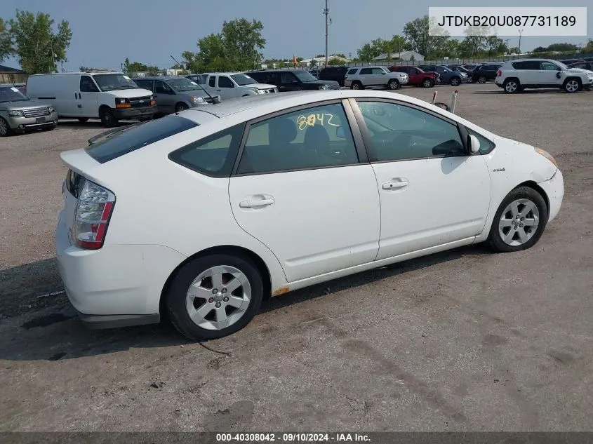 2008 Toyota Prius VIN: JTDKB20U087731189 Lot: 40308042