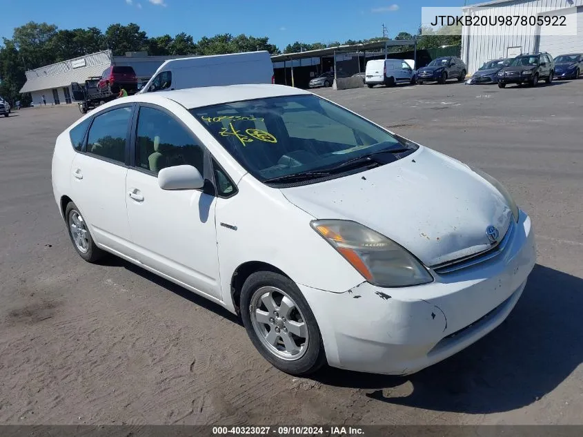 2008 Toyota Prius VIN: JTDKB20U987805922 Lot: 40323027