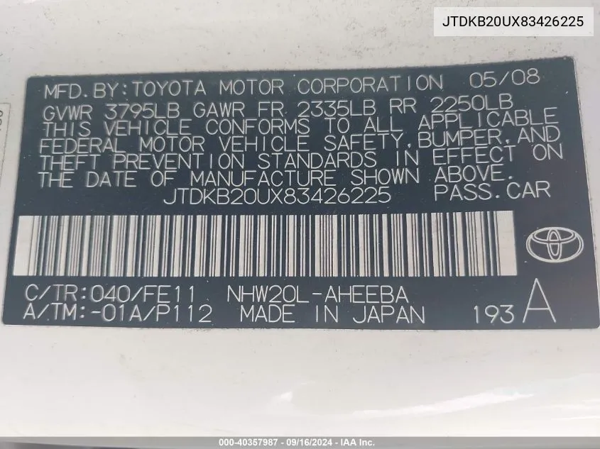 JTDKB20UX83426225 2008 Toyota Prius