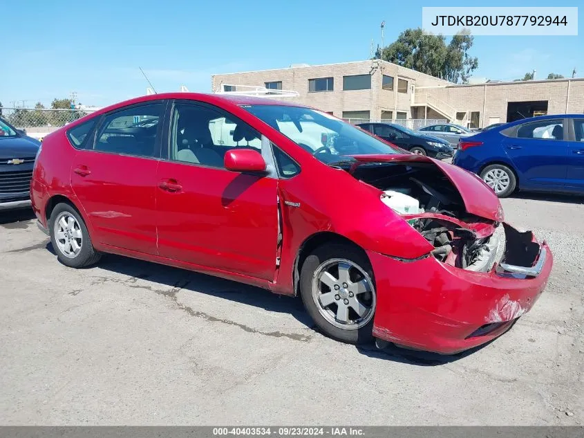 2008 Toyota Prius VIN: JTDKB20U787792944 Lot: 40403534