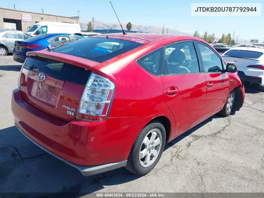 2008 Toyota Prius VIN: JTDKB20U787792944 Lot: 40403534