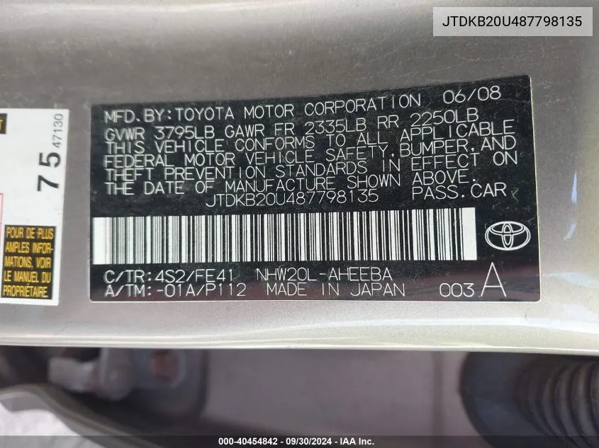 JTDKB20U487798135 2008 Toyota Prius