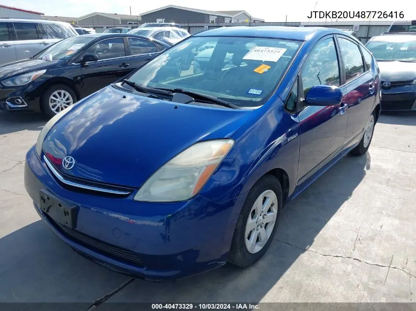 2008 Toyota Prius VIN: JTDKB20U487726416 Lot: 40473329