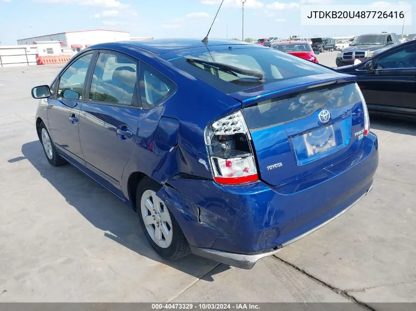 2008 Toyota Prius VIN: JTDKB20U487726416 Lot: 40473329