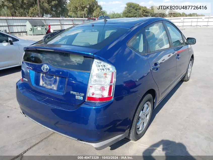 2008 Toyota Prius VIN: JTDKB20U487726416 Lot: 40473329