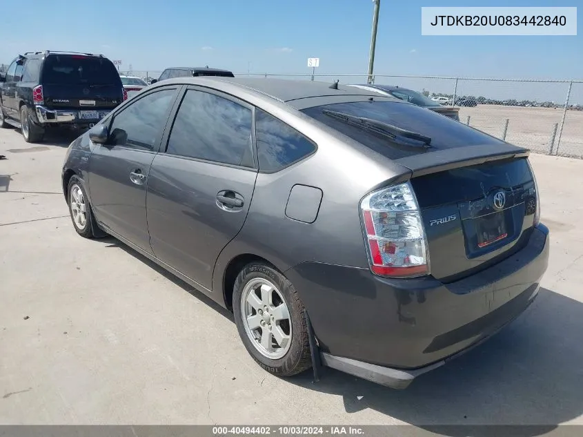 2008 Toyota Prius VIN: JTDKB20U083442840 Lot: 40494402