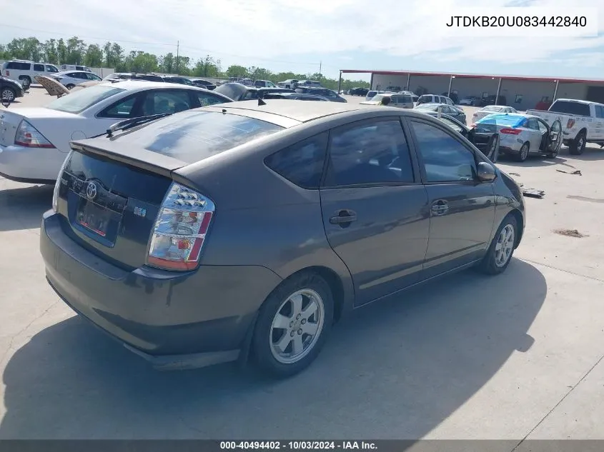 2008 Toyota Prius VIN: JTDKB20U083442840 Lot: 40494402