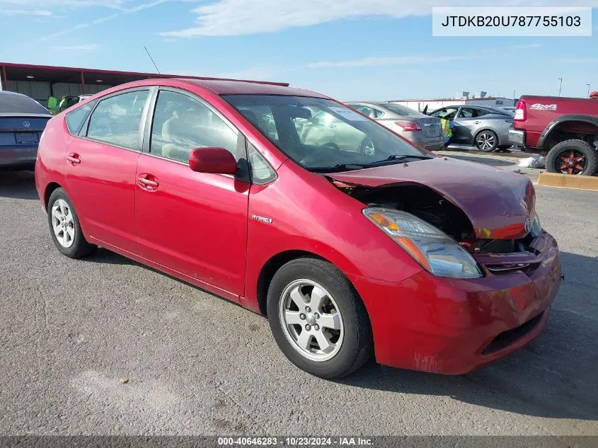 2008 Toyota Prius VIN: JTDKB20U787755103 Lot: 40646283