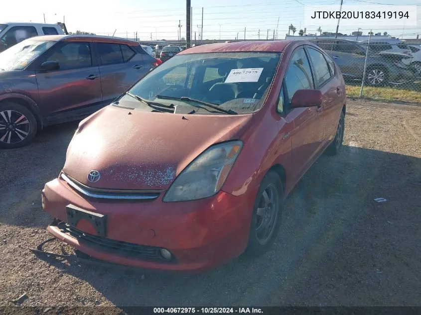 2008 Toyota Prius Touring VIN: JTDKB20U183419194 Lot: 40672975