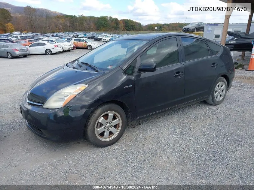 2008 Toyota Prius VIN: JTDKB20U987814670 Lot: 40714949