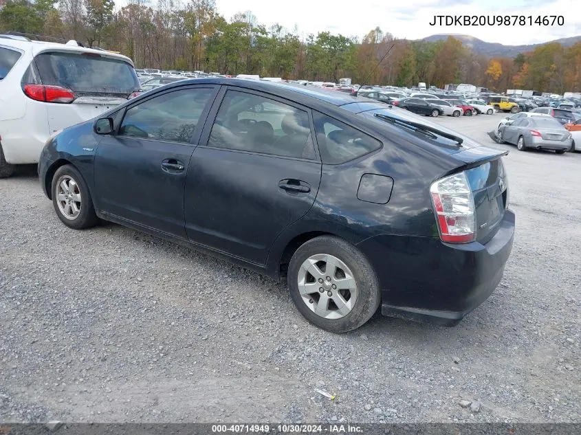 2008 Toyota Prius VIN: JTDKB20U987814670 Lot: 40714949