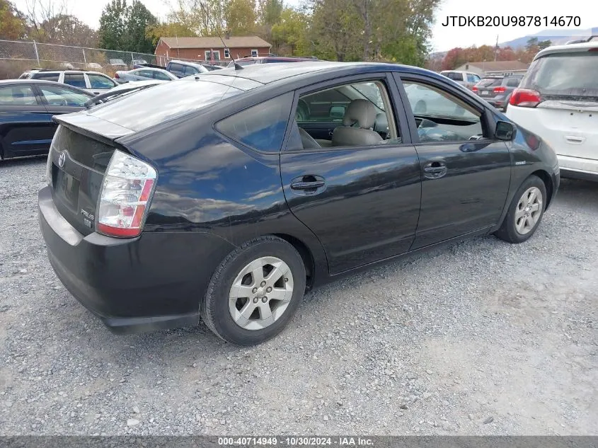 2008 Toyota Prius VIN: JTDKB20U987814670 Lot: 40714949