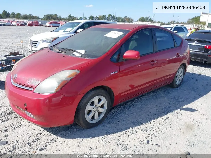 2008 Toyota Prius VIN: JTDKB20U283346403 Lot: 40724598