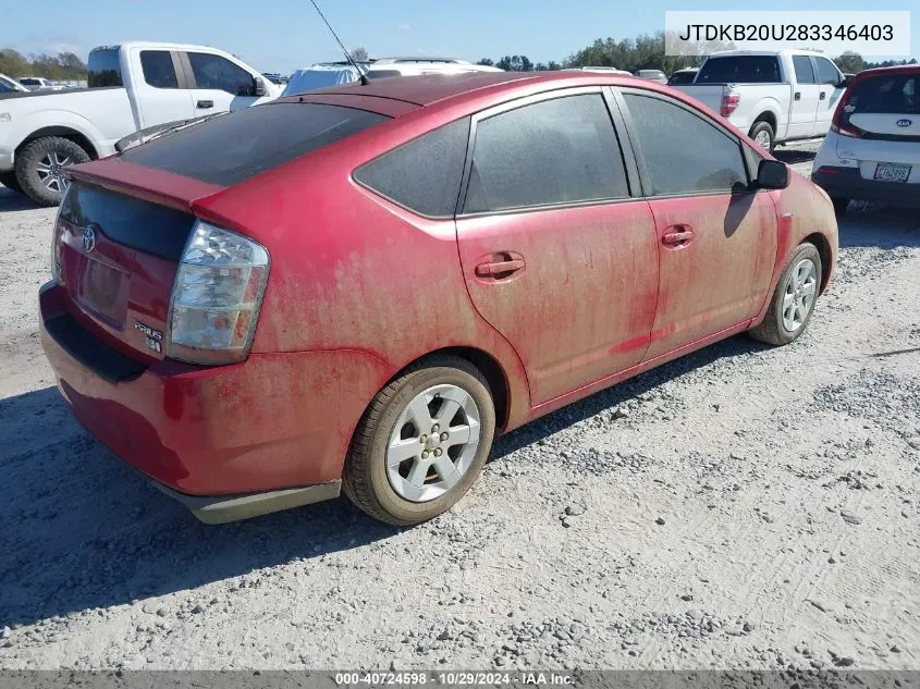 2008 Toyota Prius VIN: JTDKB20U283346403 Lot: 40724598