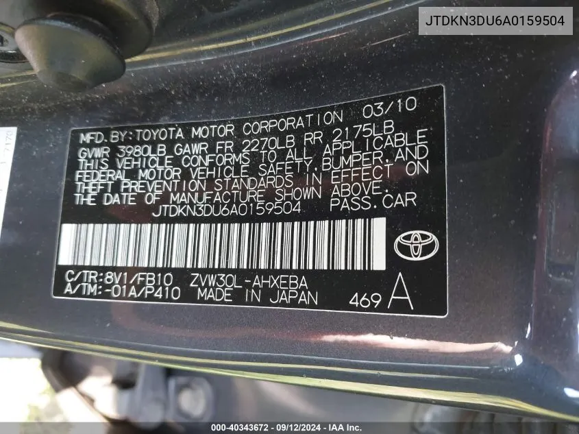 JTDKN3DU6A0159504 2010 Toyota Prius Iii