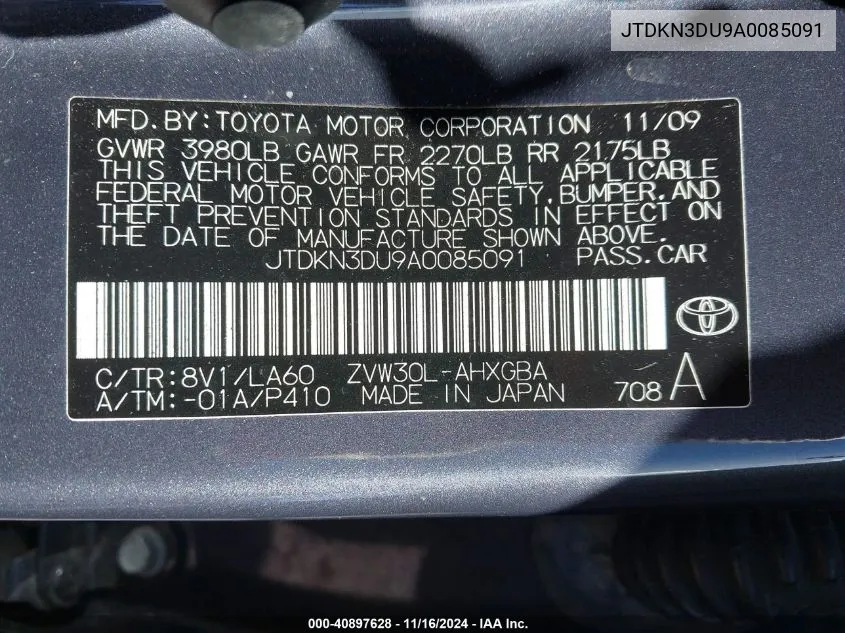 2010 Toyota Prius Iv VIN: JTDKN3DU9A0085091 Lot: 40897628