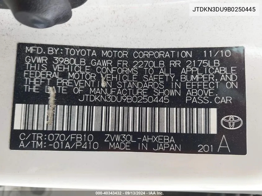 JTDKN3DU9B0250445 2011 Toyota Prius