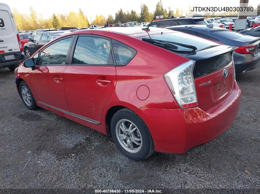 2011 Toyota Prius Three VIN: JTDKN3DU4B0303780 Lot: 40786430