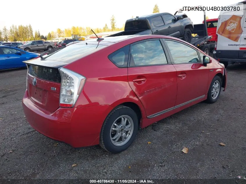 2011 Toyota Prius Three VIN: JTDKN3DU4B0303780 Lot: 40786430