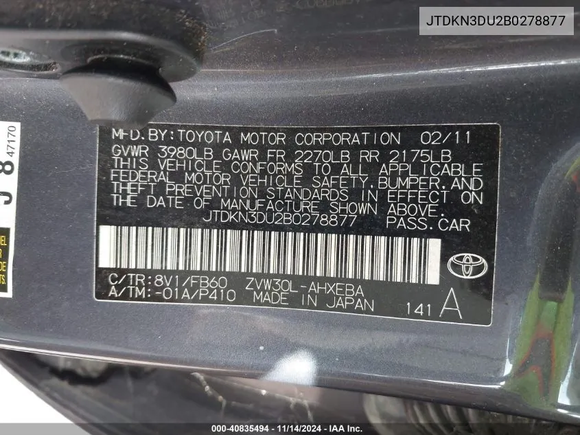 2011 Toyota Prius Two VIN: JTDKN3DU2B0278877 Lot: 40835494