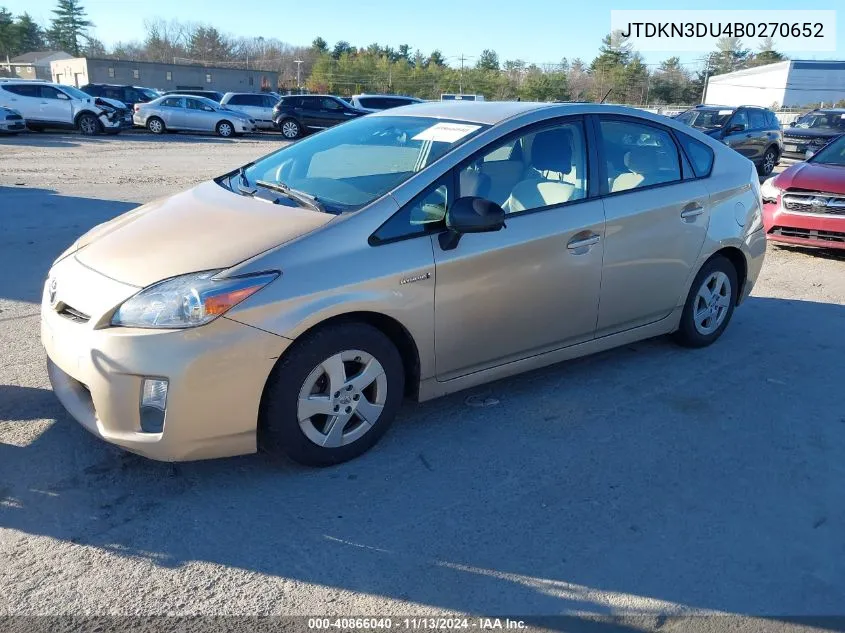 2011 Toyota Prius Two VIN: JTDKN3DU4B0270652 Lot: 40866040