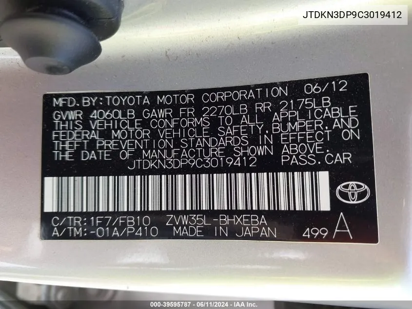 JTDKN3DP9C3019412 2012 Toyota Prius Plug-In