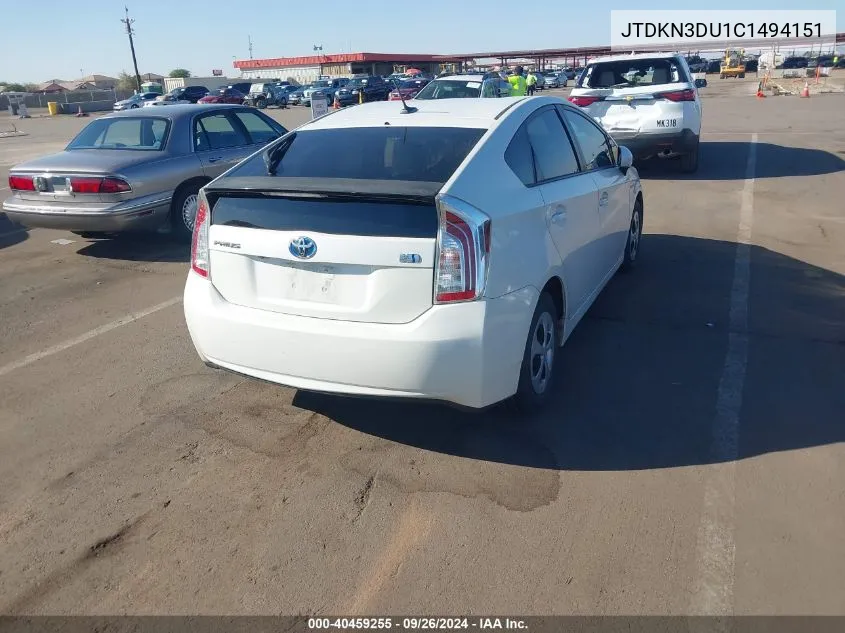 2012 Toyota Prius Three VIN: JTDKN3DU1C1494151 Lot: 40459255