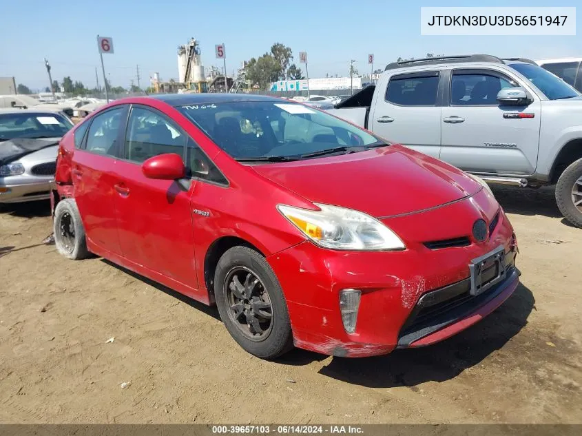 2013 Toyota Prius Three VIN: JTDKN3DU3D5651947 Lot: 39657103