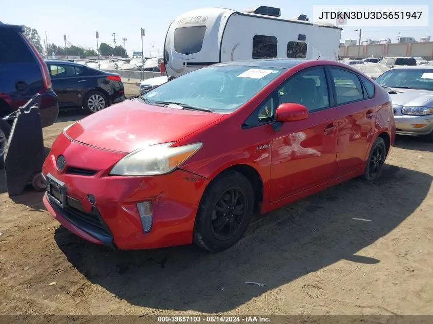 2013 Toyota Prius Three VIN: JTDKN3DU3D5651947 Lot: 39657103