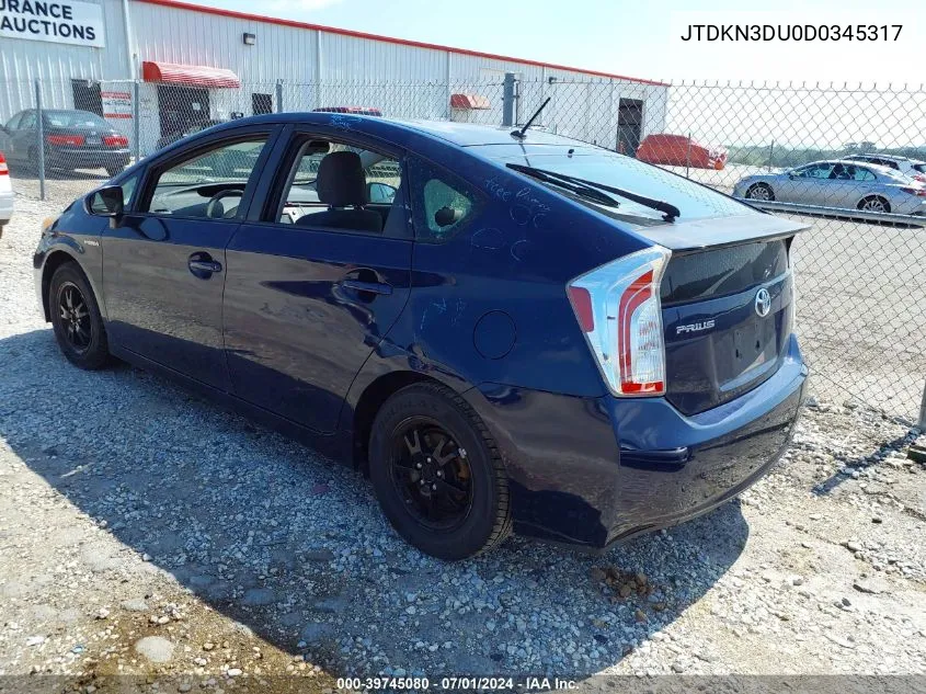 2013 Toyota Prius Two VIN: JTDKN3DU0D0345317 Lot: 39745080