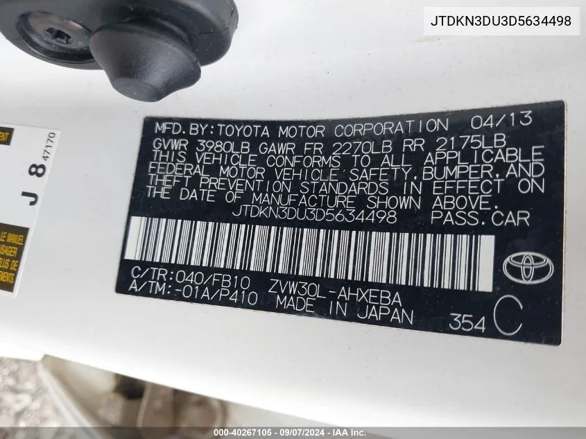 JTDKN3DU3D5634498 2013 Toyota Prius Two