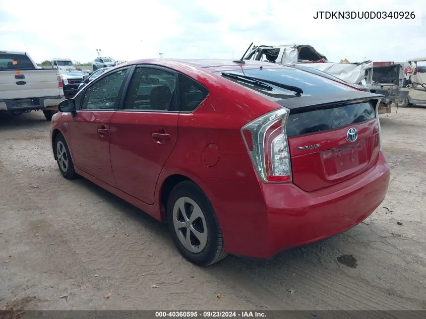 2013 Toyota Prius Three VIN: JTDKN3DU0D0340926 Lot: 40360595