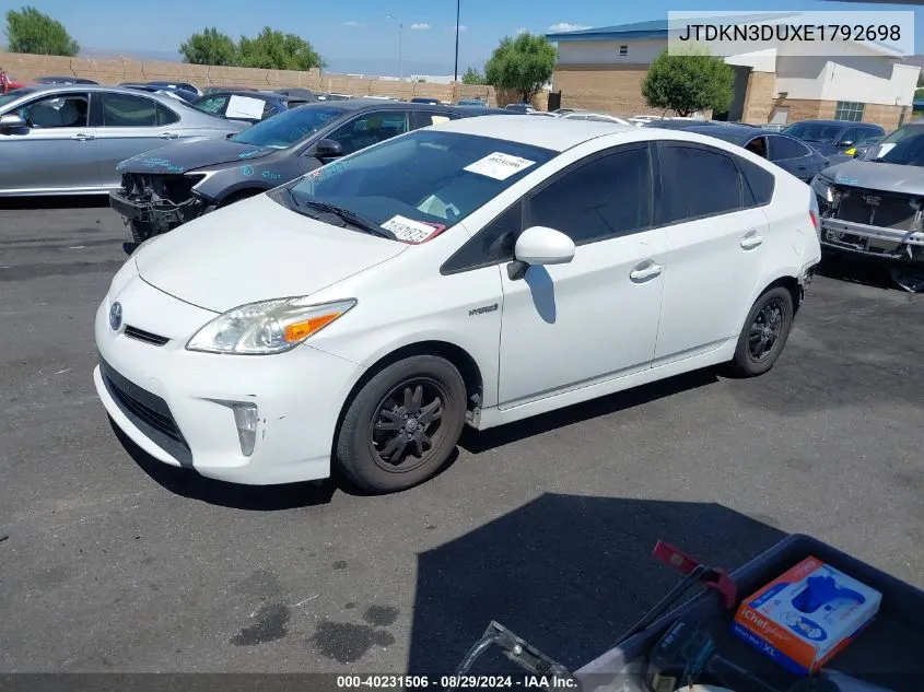 2014 Toyota Prius Four VIN: JTDKN3DUXE1792698 Lot: 40231506