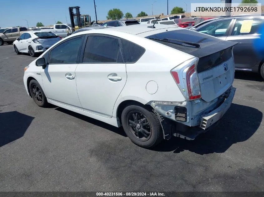 2014 Toyota Prius Four VIN: JTDKN3DUXE1792698 Lot: 40231506